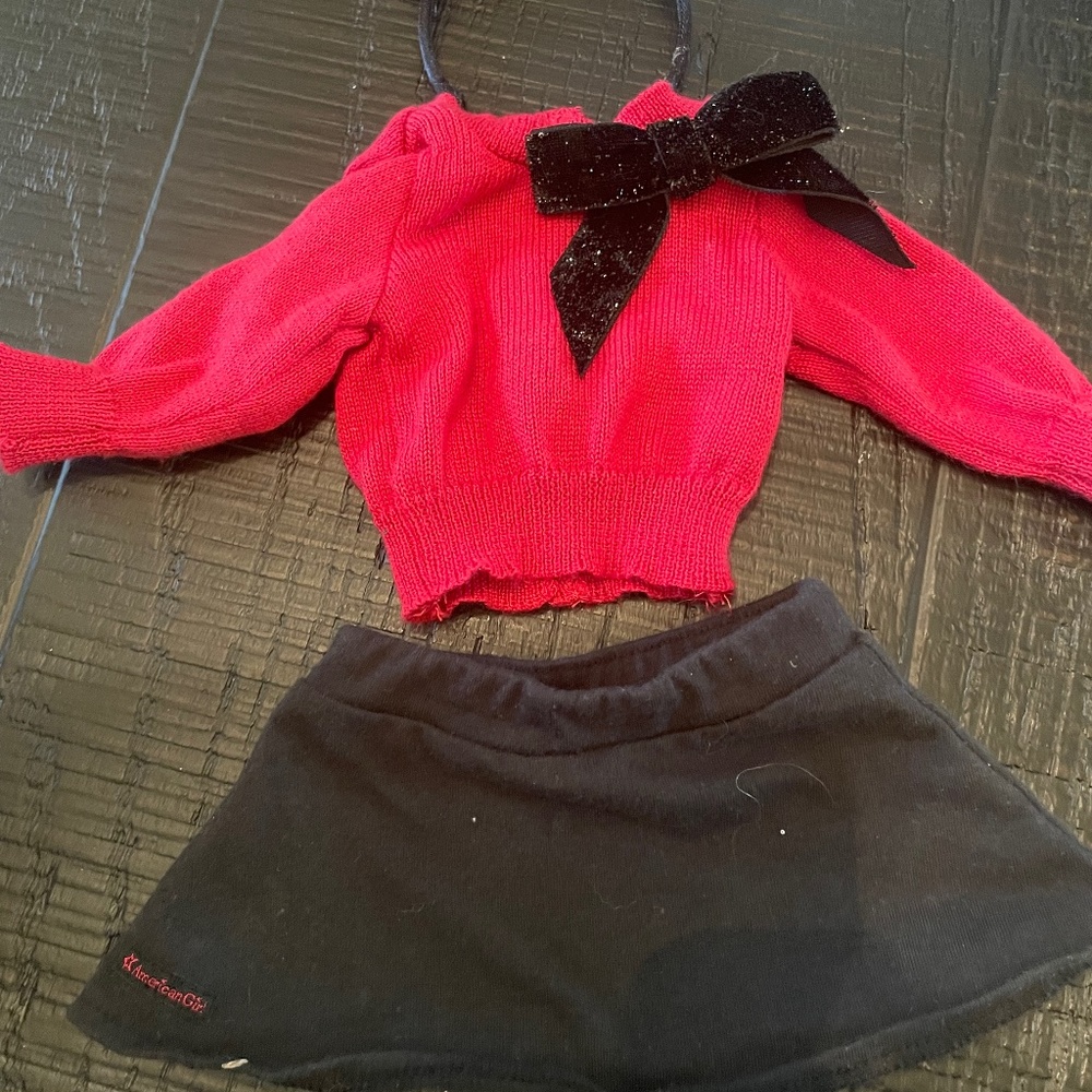 American Girl Doll Red sweater, black skirt and headband